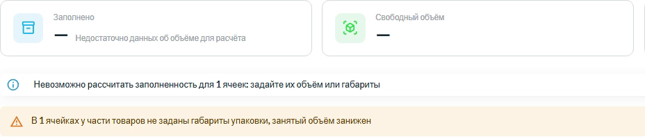 Пример предупреждений: не заданы объёмы ячеек и габариты упаковки товаров