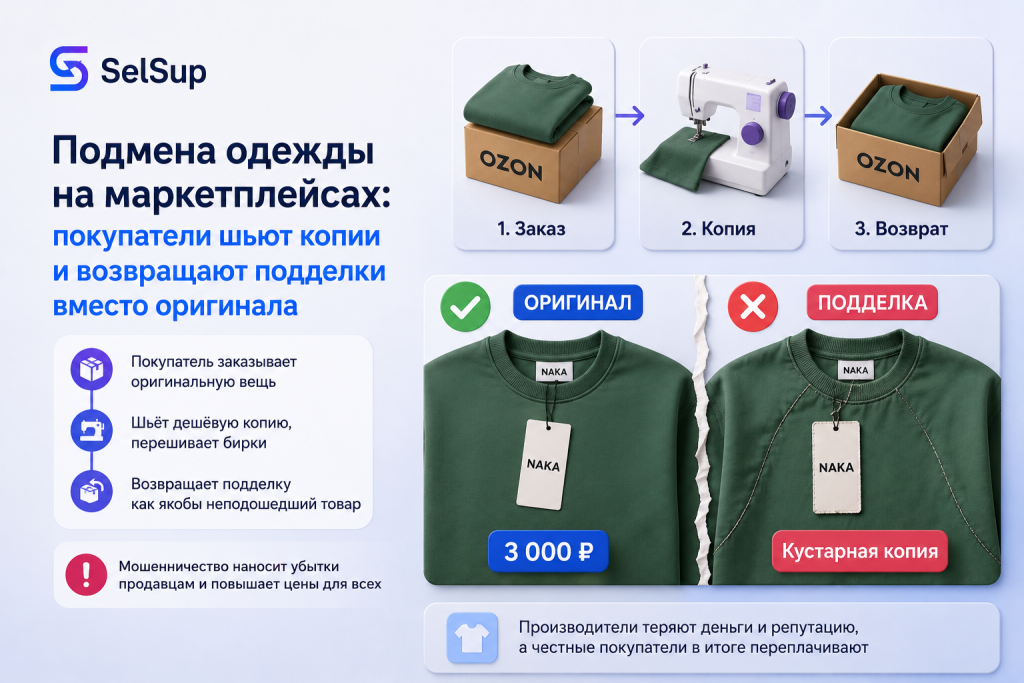 Подмена одежды на маркетплейсах: покупатели шьют копии и возвращают подделки вместо оригинала