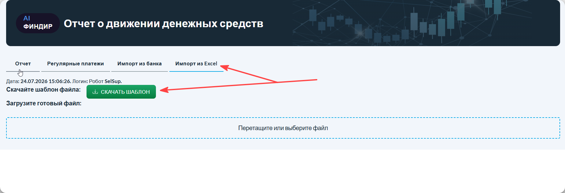 Вкладка «Импорт из Excel» в отчёте ДДС