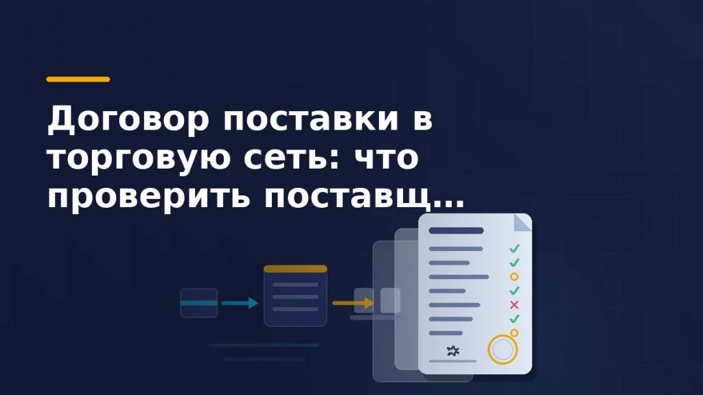 Лист договора поставки с отметками по пунктам, подписью и печатью, рядом маршрут короба через распределительный центр на полку магазина