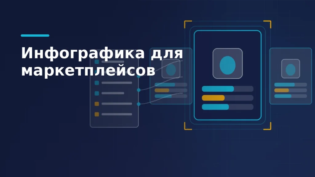 Карточка товара с блоками инфографики и панель требований маркетплейсов на тёмно-синем фоне
