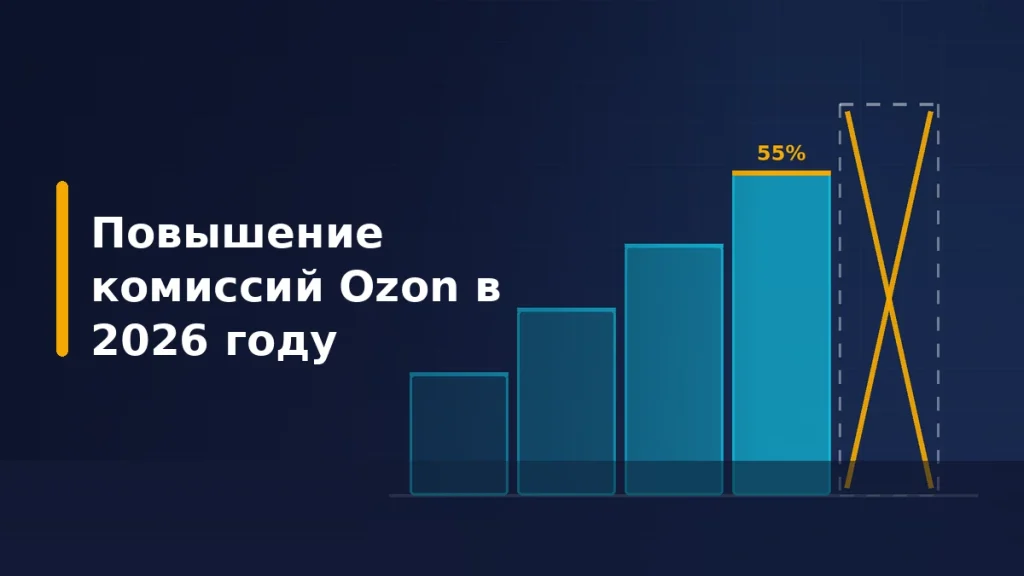 Растущие столбцы комиссии Ozon до 55 процентов и перечёркнутый пятый столбец — отменённое июльское повышение тарифов