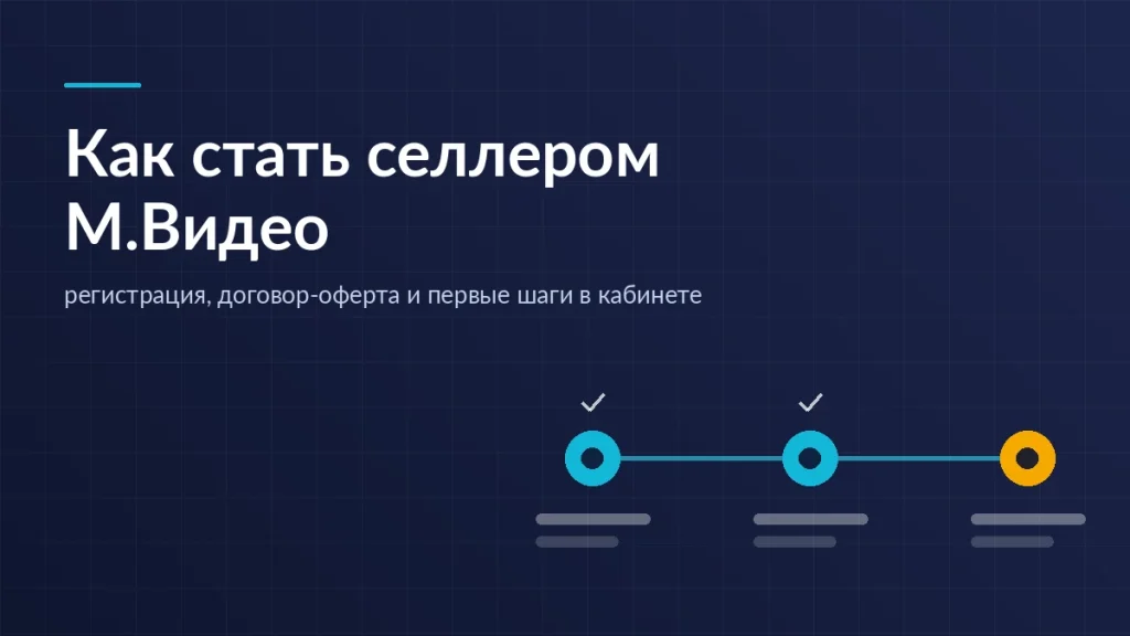 Тёмно-синяя обложка: три соединённые контрольные точки регистрации селлера, две отмечены галочками, третья выделена жёлтым
