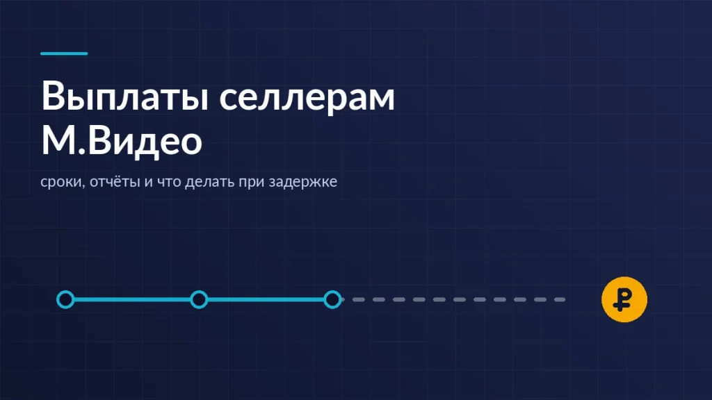 Таймлайн расчётов маркетплейса: три отметки отчётного цикла, пунктирный интервал ожидания и рублёвый знак в конце