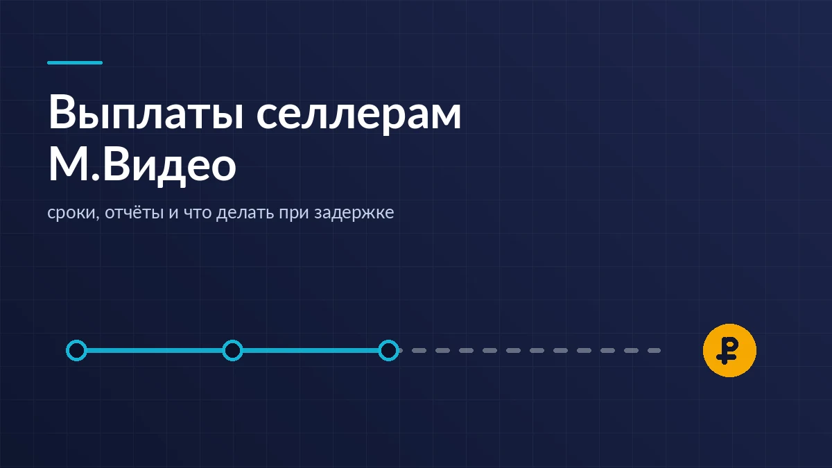 Таймлайн расчётов маркетплейса: три отметки отчётного цикла, пунктирный интервал ожидания и рублёвый знак в конце