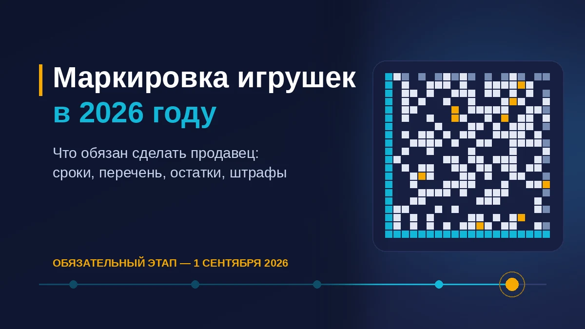 Обложка статьи о маркировке игрушек в 2026 году: код DataMatrix и шкала этапов с отметкой обязательного срока 1 сентября 2026 года