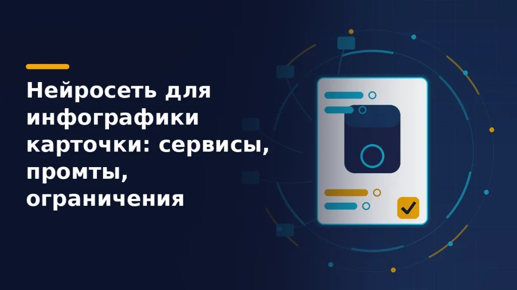 Тёмно-синяя обложка: справа вертикальная карточка товара с блоками инфографики, вокруг летят бирюзовые фрагменты генерации, один блок отмечен жёлтым