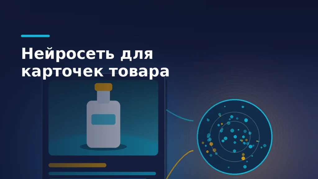Карточка товара на тёмном фоне: нейросеть заполняет описание и фон фотографии, пустые строки характеристик подключены к товарному каталогу