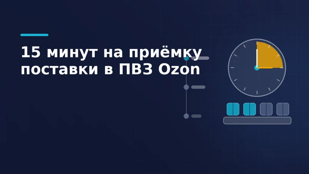 Циферблат с отмеченным пятнадцатиминутным сектором и коробки, проходящие через стойку приёмки в пункте выдачи