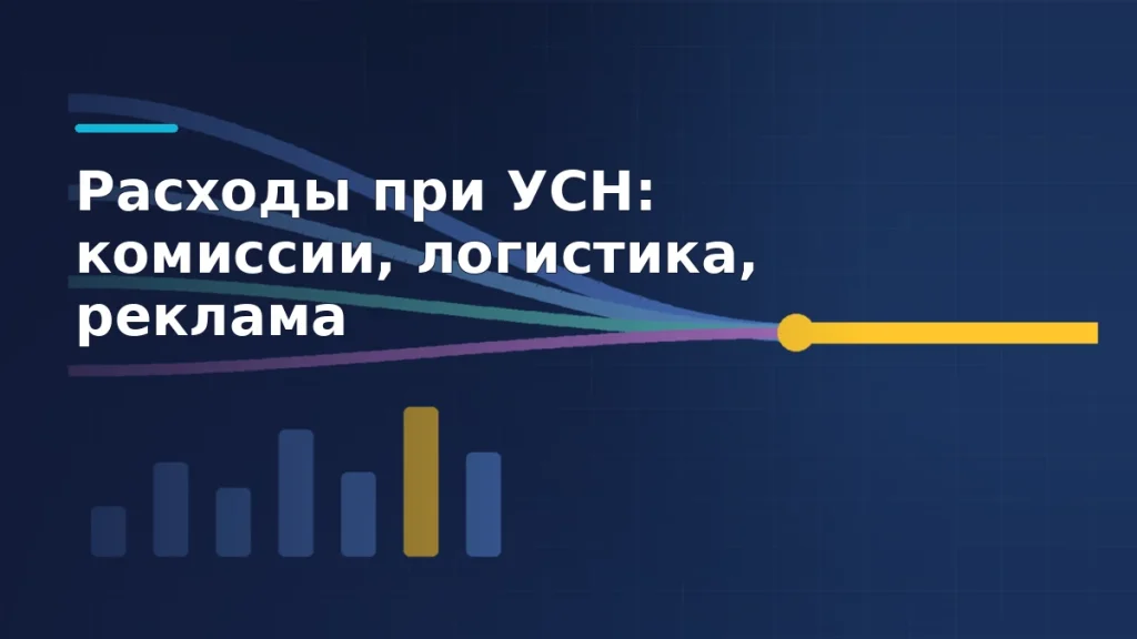 Тёмно-синяя заставка: потоки комиссии, логистики, хранения и рекламы сходятся в одну жёлтую линию итога, внизу столбики статей затрат