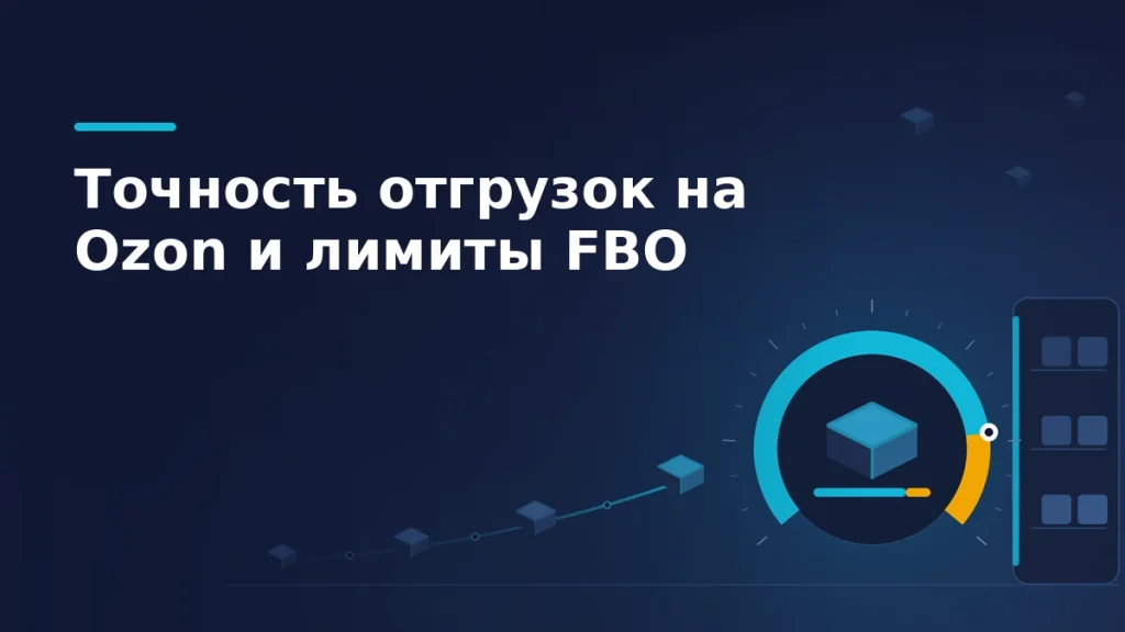 Круговая шкала точности отгрузок с жёлтым сегментом недовоза, поток синих коробок и складские стеллажи на тёмно-синем фоне