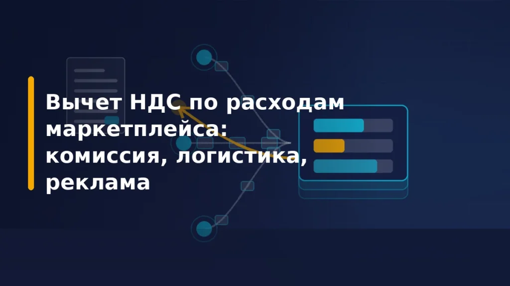 Потоки расходов маркетплейса сходятся в узел начисления НДС, жёлтая стрелка возвращает часть налога обратно к документу