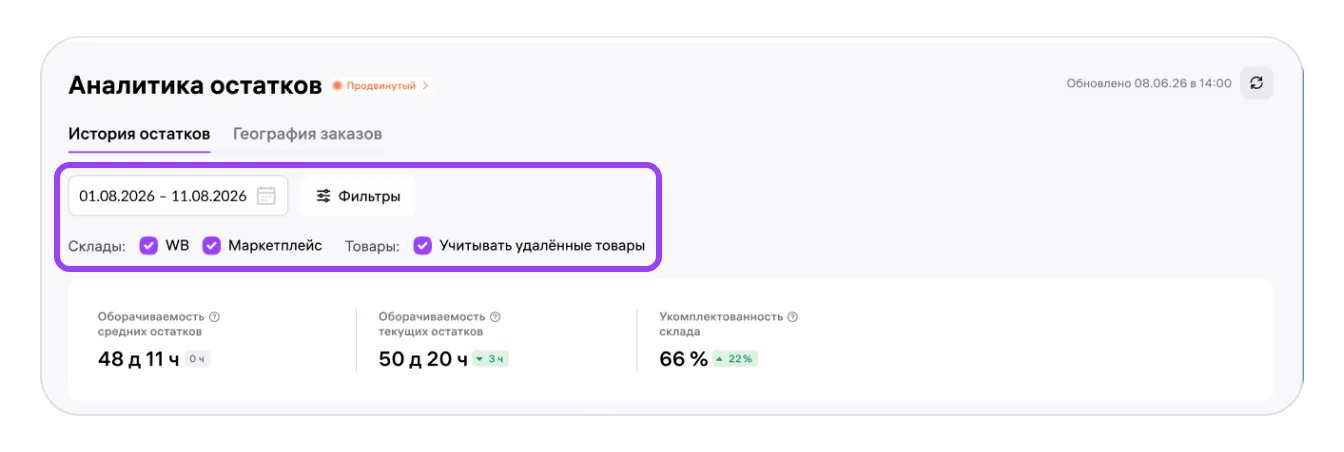 Фильтры периода и товаров в отчёте История остатков Wildberries