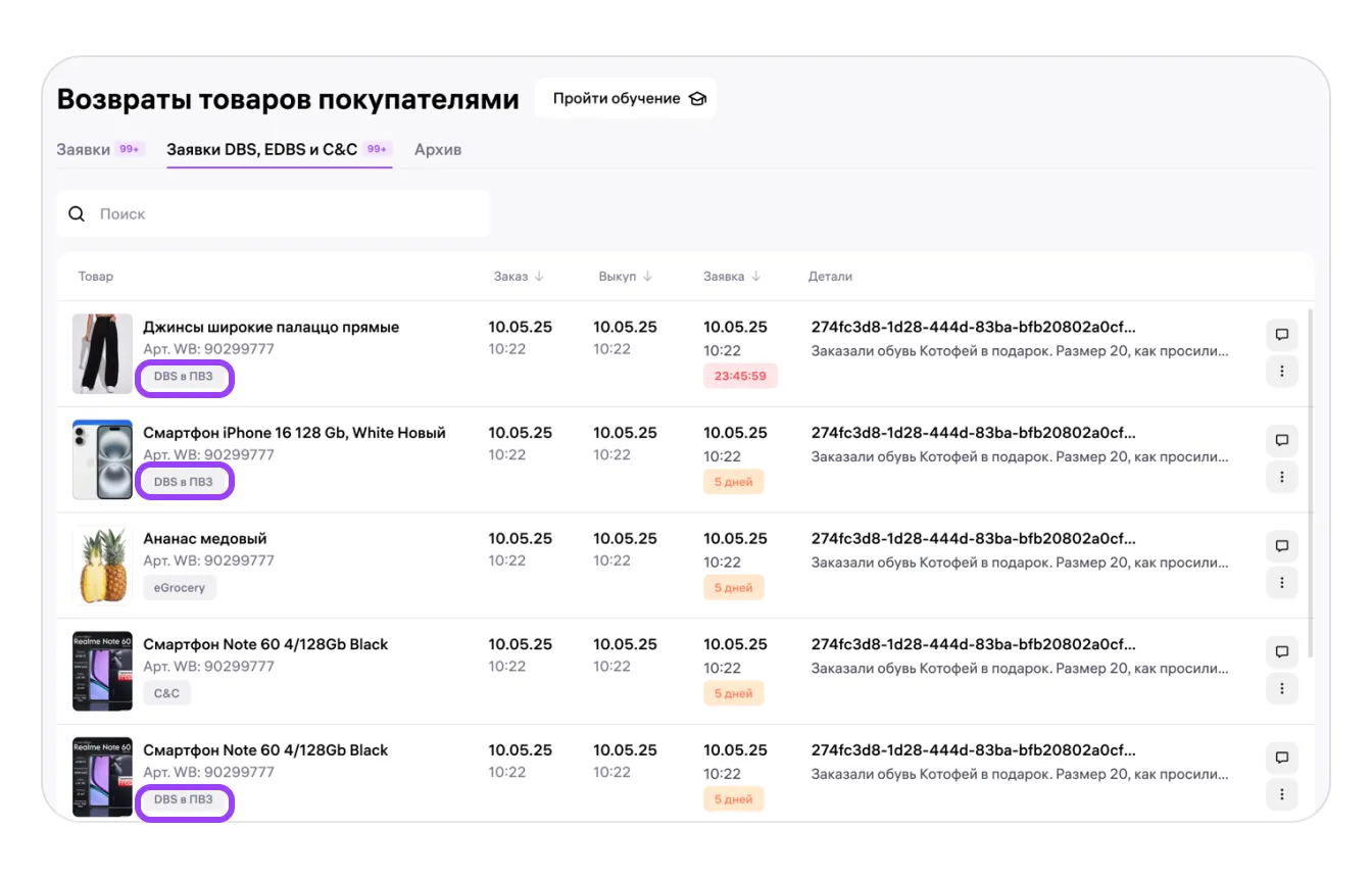 Возвраты товаров по модели «Витрина» (DBS) при доставке в ПВЗ: экран шага 2 в кабинете Wildberries