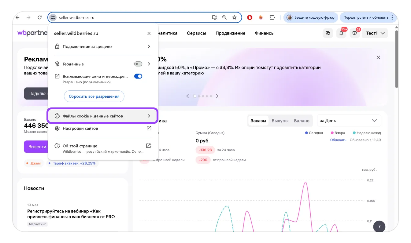 Управление cookie и данными сайта seller.wildberries.ru в Google Chrome