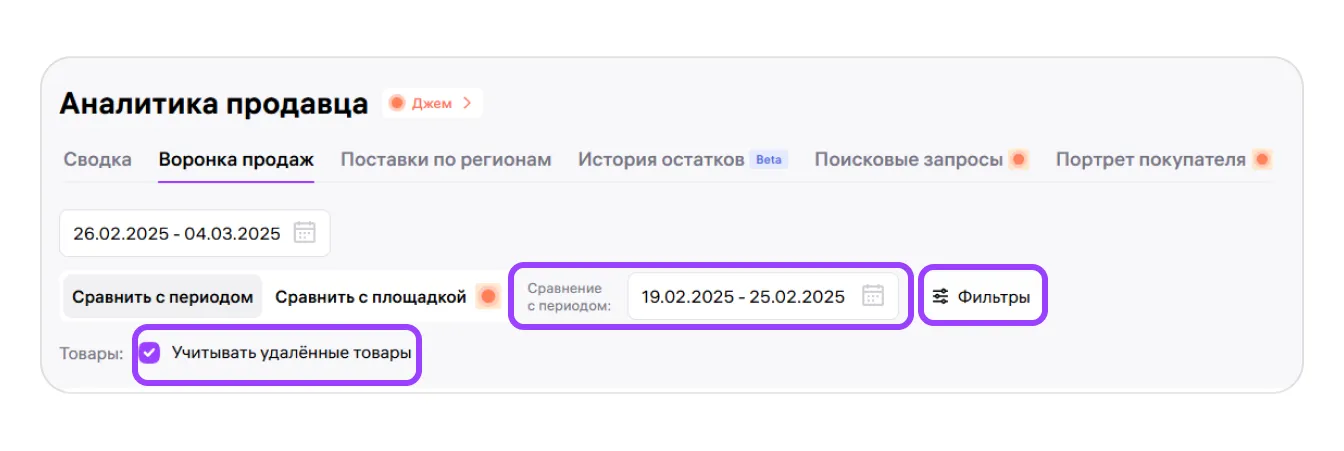 Фильтры периода и товаров в отчёте Воронка продаж Wildberries