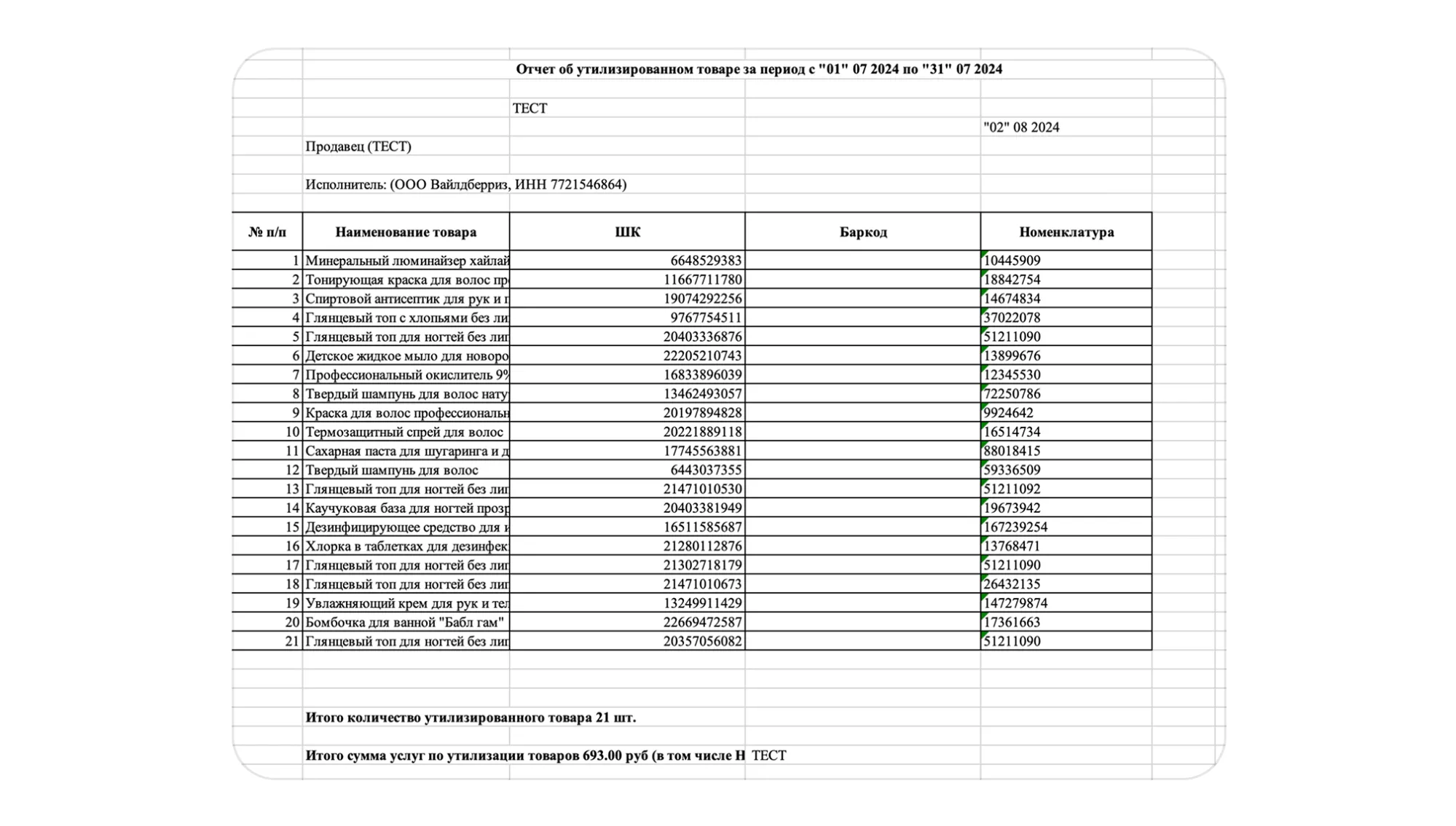 Отчёт об утилизированном товаре в разделе «Документы» Wildberries