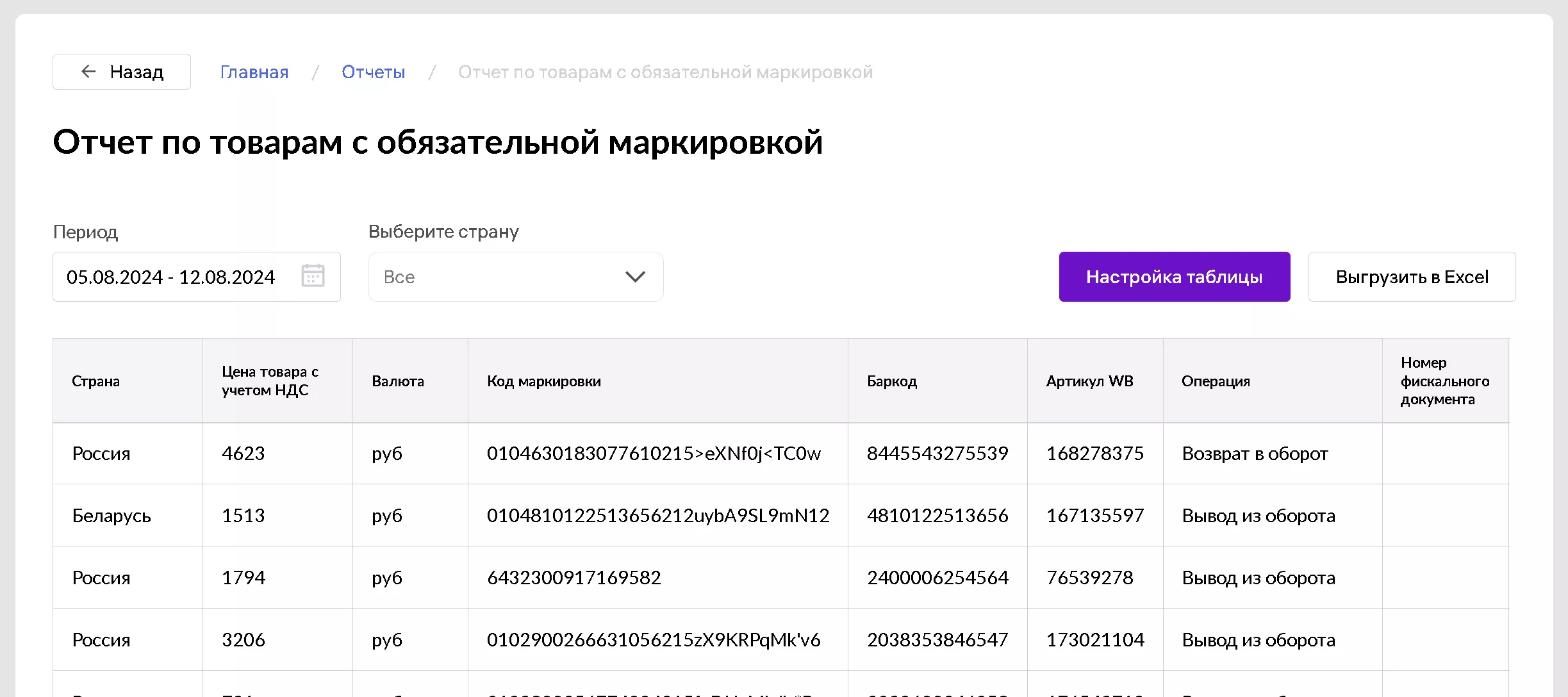 Отчёт по товарам с обязательной маркировкой: экран шага 1 в кабинете Wildberries