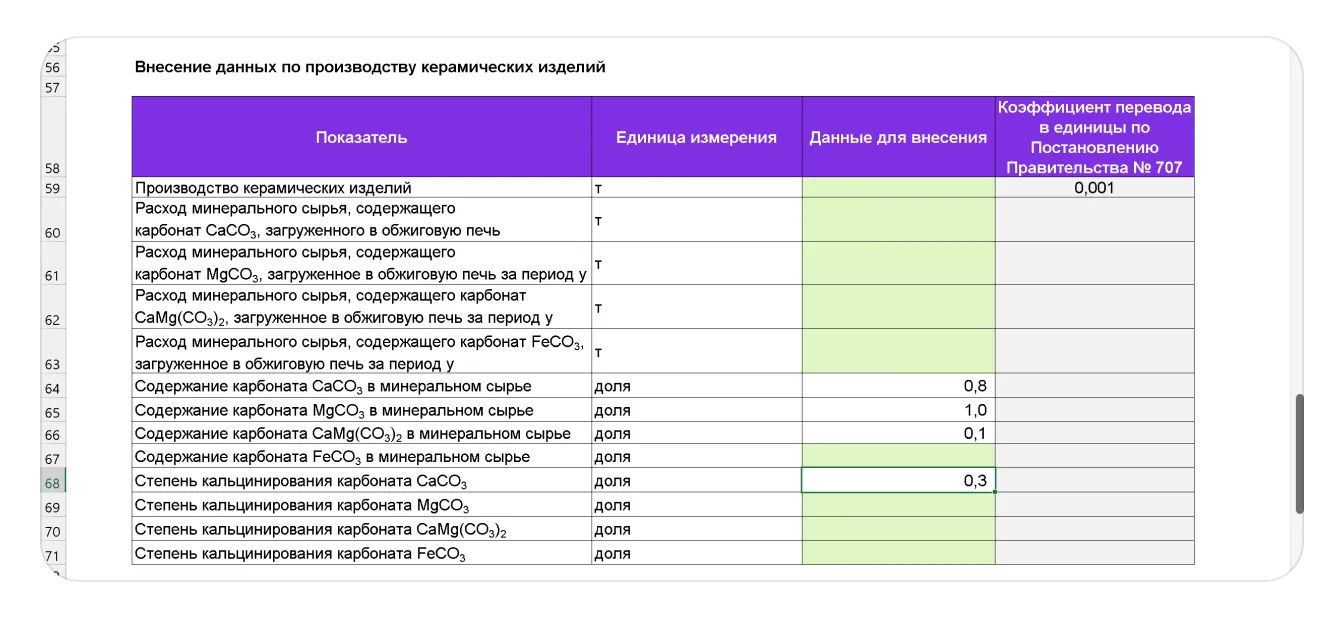 Таблица расчёта уровня выброса парниковых газов: экран шага 4 в кабинете Wildberries