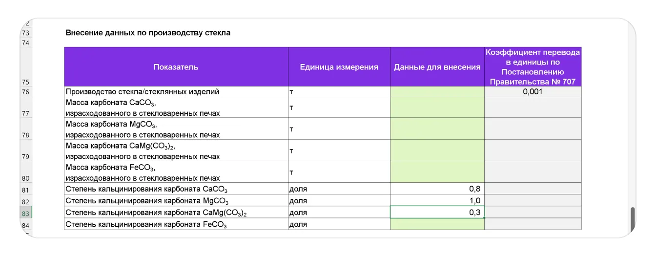 Таблица расчёта уровня выброса парниковых газов: экран шага 5 в кабинете Wildberries
