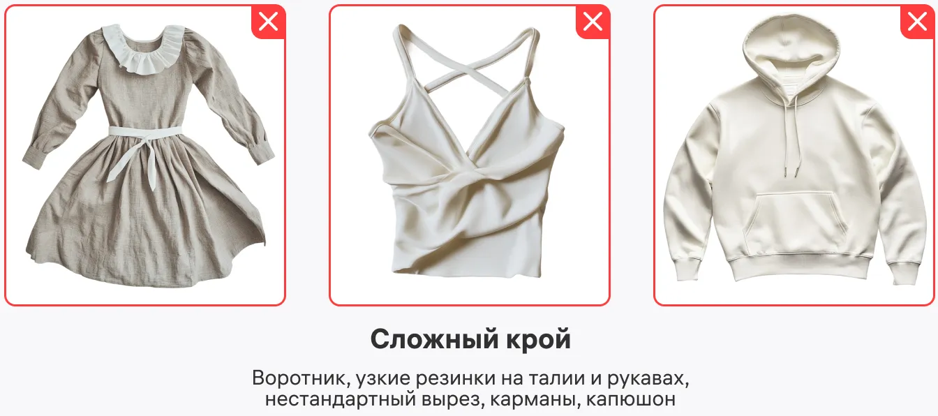 Сложный крой: примеры, для которых качество генерации может быть ниже.