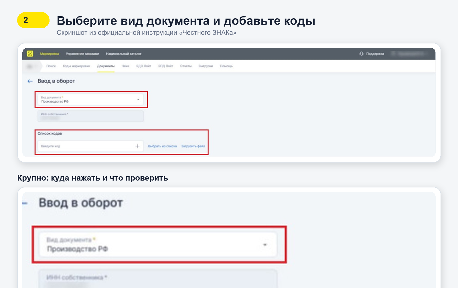 Форма ввода обуви в оборот в Честном ЗНАКе с видом документа и добавлением кодов