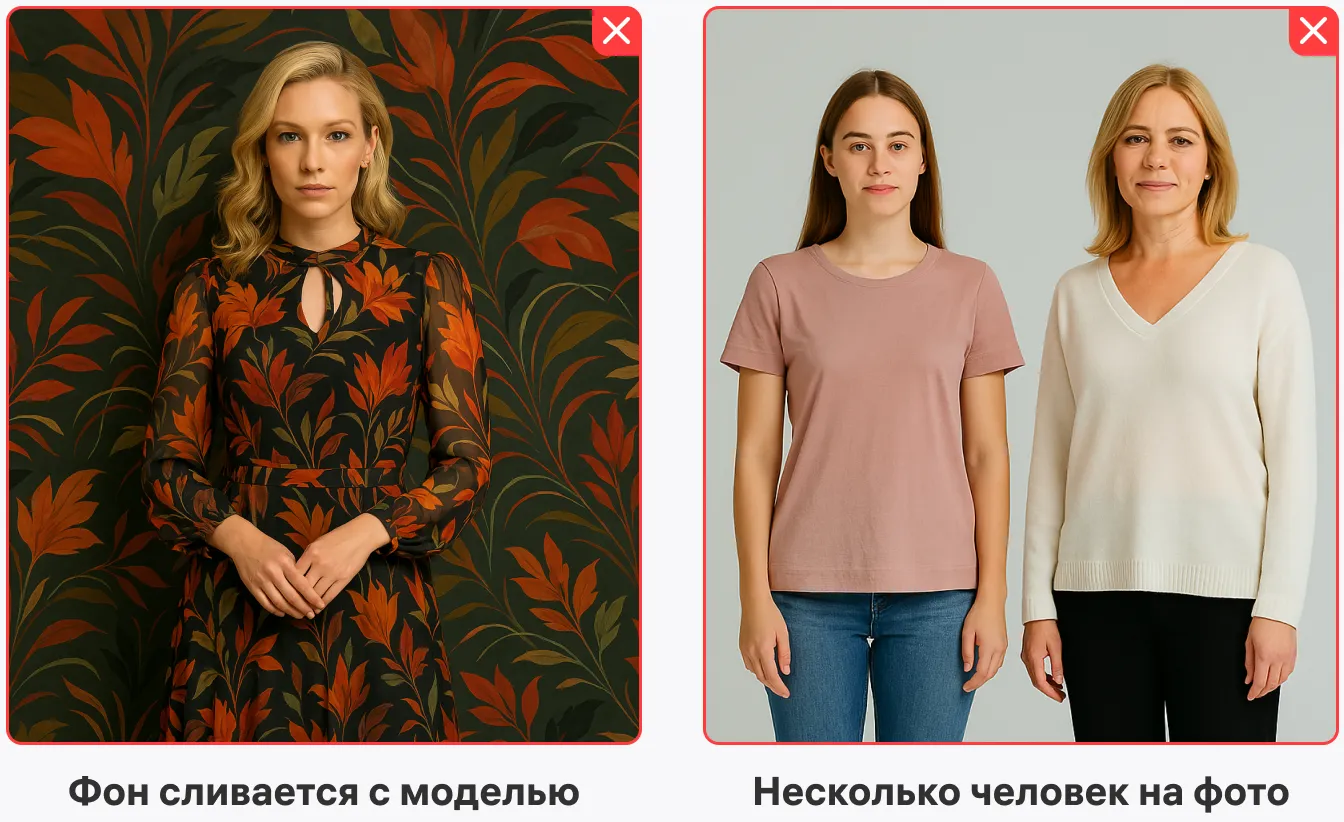Фон сливается с моделью или в кадре несколько людей: примеры ошибок.