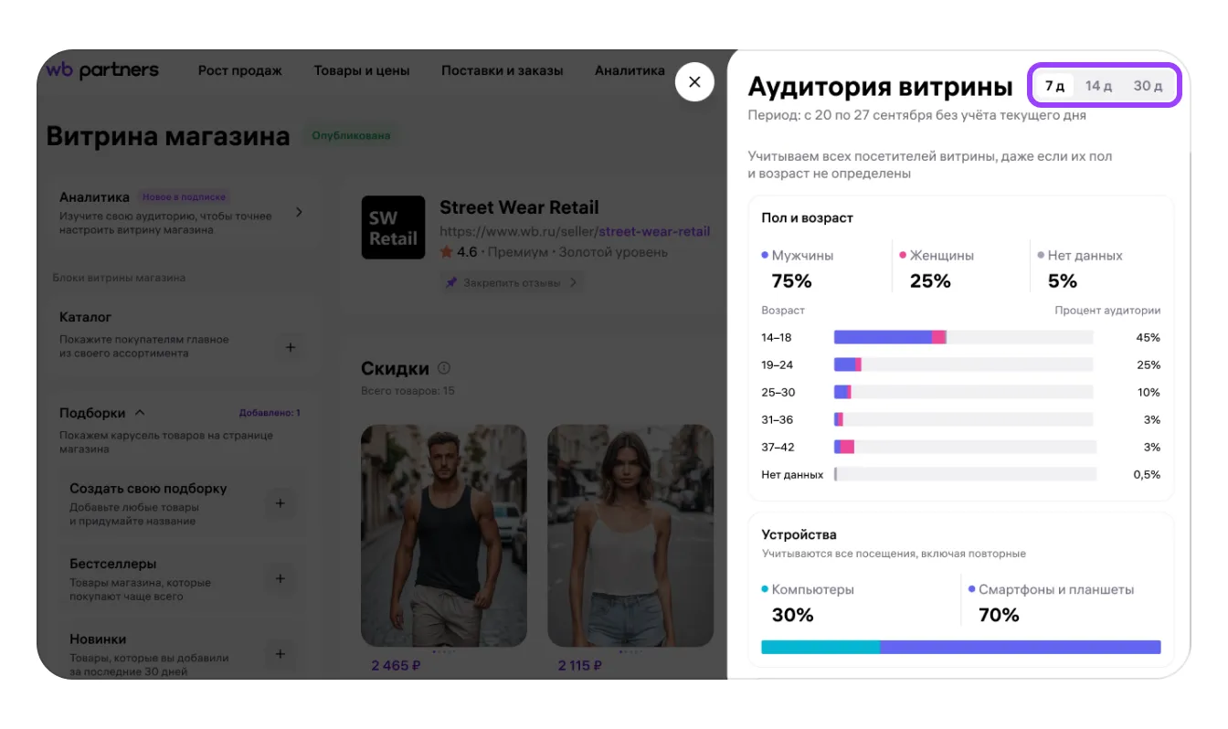 Отчёт «Аудитория витрины»: экран шага 2 в кабинете Wildberries