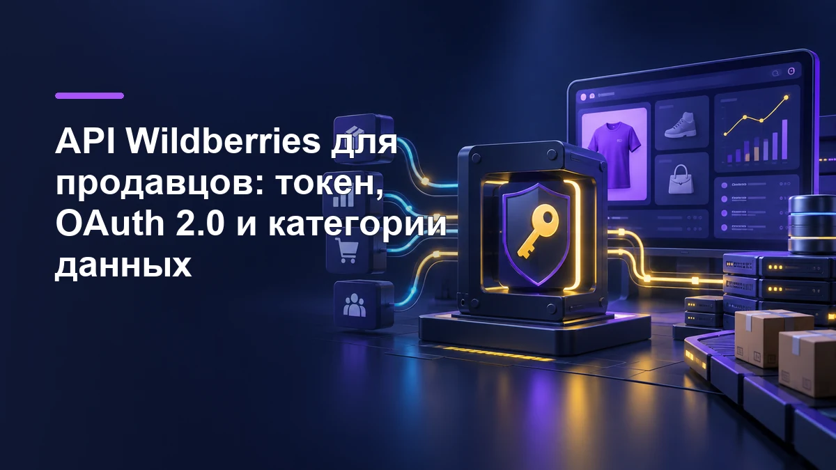 API Wildberries с защищённым токеном, модулями данных и интерфейсом продавца на тёмно-синем фоне