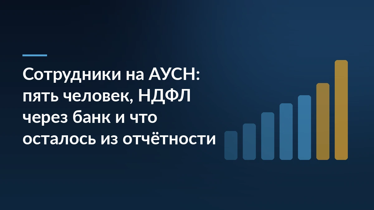 Тёмно-синяя обложка с заголовком «Сотрудники на АУСН: пять человек, НДФЛ через банк и что осталось из отчётности» и растущими столбцами справа