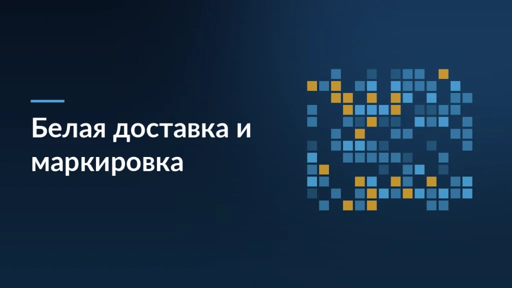 Тёмно-синяя заставка с заголовком «Белая доставка и маркировка» и сеткой кодов маркировки справа