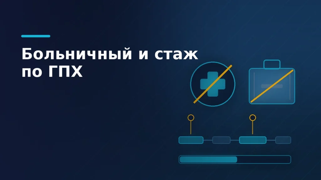 Тёмная обложка статьи о ГПХ: перечёркнутые знаки больничного и отпуска и прерывистая шкала стажа со взносами