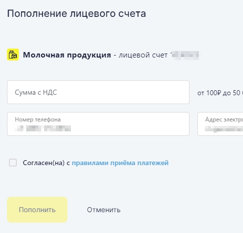 Форма пополнения лицевого счёта банковской картой для ИП с полем суммы и согласием с правилами