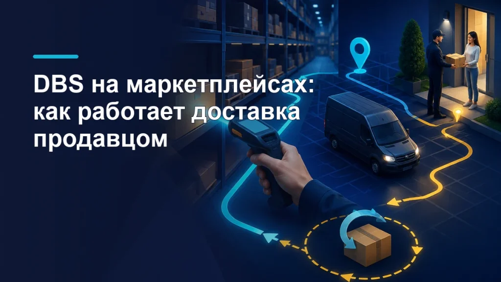 Склад, сканер и маршрут DBS-доставки товара от продавца к покупателю