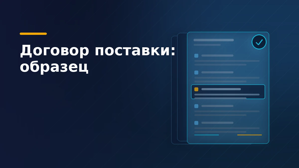 Тёмно-синяя обложка: образец договора поставки, разобранный по разделам, стопка бланков позади и значок проверки