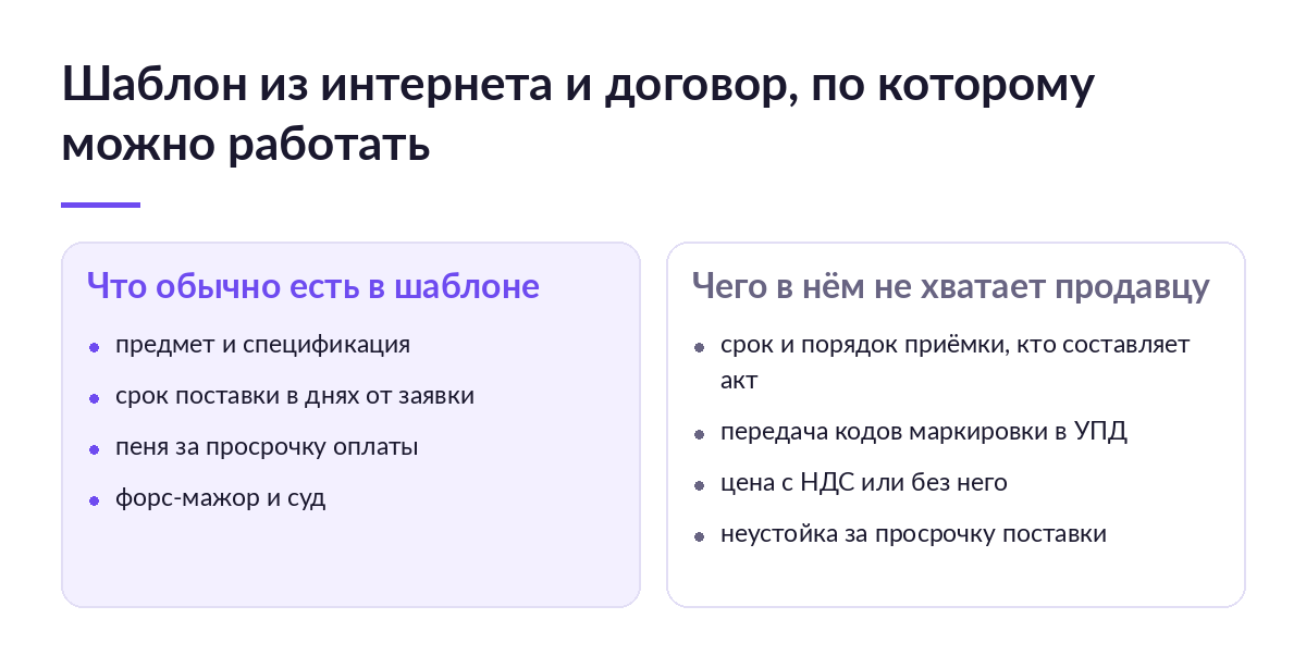 Схема в две колонки: слева пункты, которые обычно есть в скачанном шаблоне договора, справа четыре пункта, которых в нём не хватает продавцу