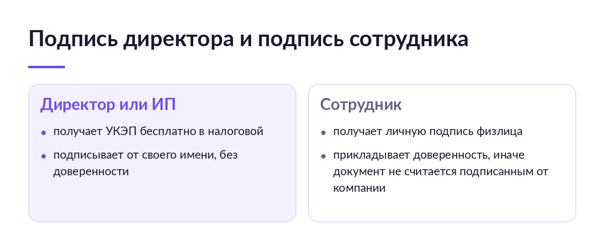 Сравнение в две колонки: что получает директор или ИП и что получает сотрудник при оформлении электронной подписи