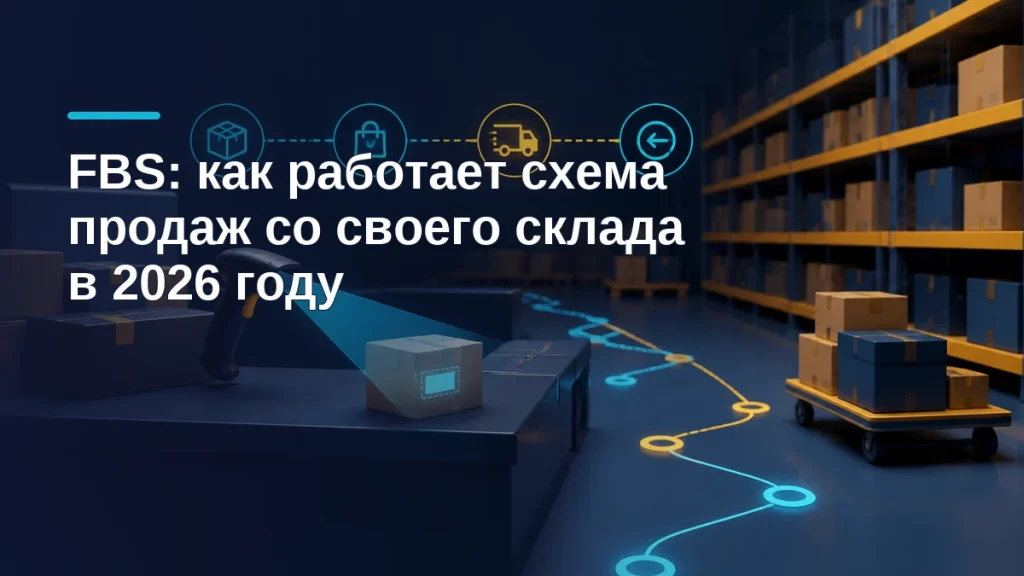 Склад продавца с заказами, сканером и маршрутом FBS до передачи маркетплейсу и возврата