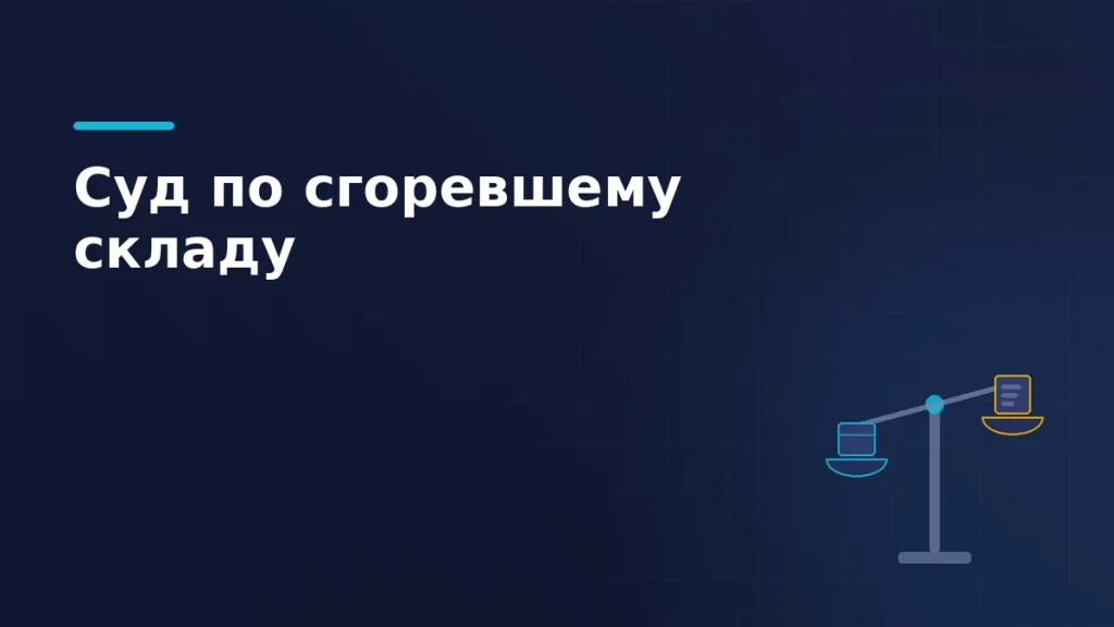 Тёмно-синяя обложка: весы, на одной чаше короб товара, на другой документ иска с янтарной рамкой