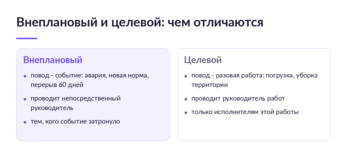Сравнение двух колонок: внеплановый инструктаж по событию и целевой инструктаж перед разовой работой на складе