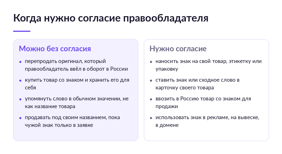 Схема сравнения: что можно делать с чужим товарным знаком без согласия правообладателя и для чего согласие нужно