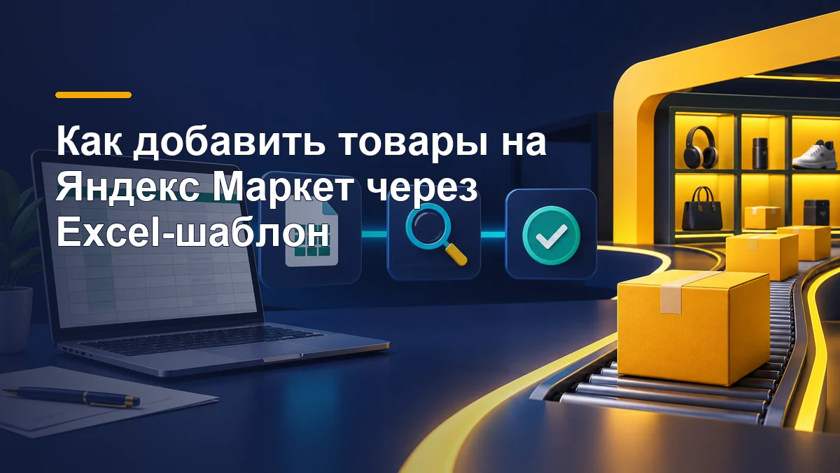 Ноутбук с таблицей, этапы проверки файла и товарные коробки на ленте в цветах Яндекс Маркета