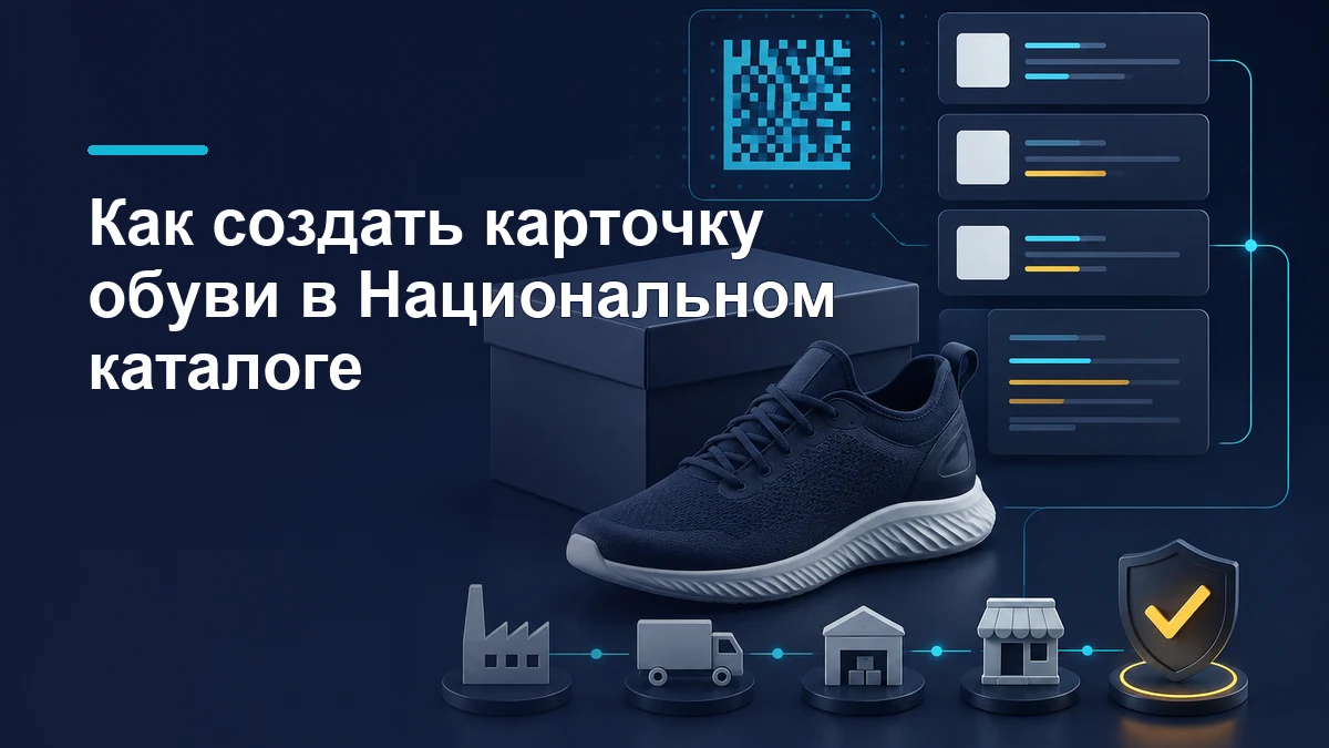 Обувная коробка, кроссовок и схема проверки данных карточки товара в Национальном каталоге