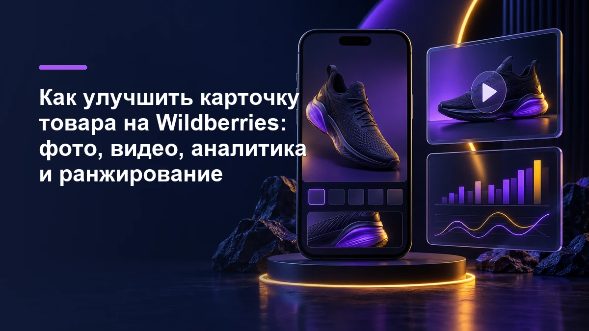 Улучшение карточки товара Wildberries: фото, видео и аналитика в тёмно-синей студии с фиолетовым и жёлтым светом