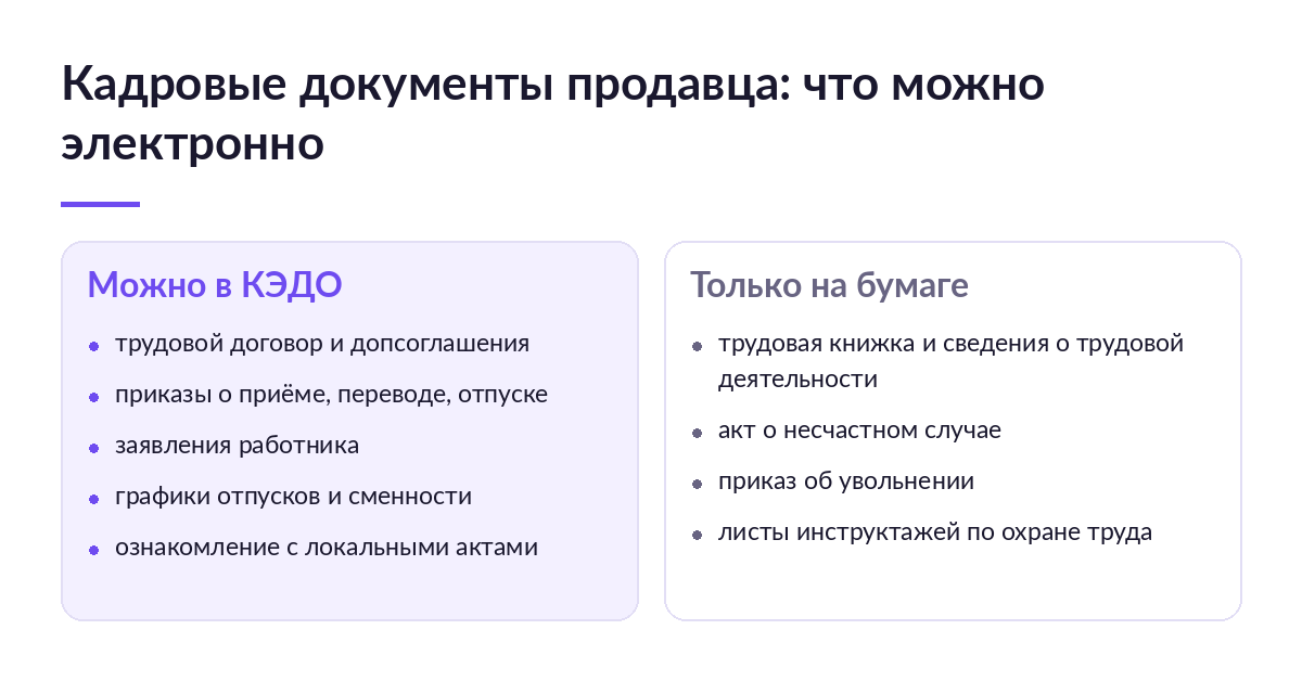 Схема из двух колонок: слева кадровые документы для КЭДО, справа четыре документа только на бумаге