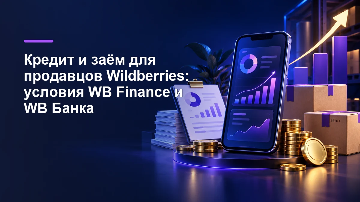 Финансирование продавца Wildberries: смартфон с графиками, документы, коробки и монеты