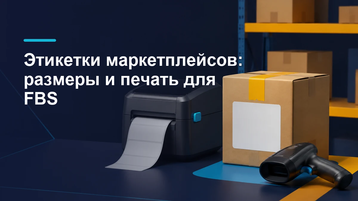 Принтер этикеток, рулон наклеек и сканер рядом с упакованной посылкой на складе