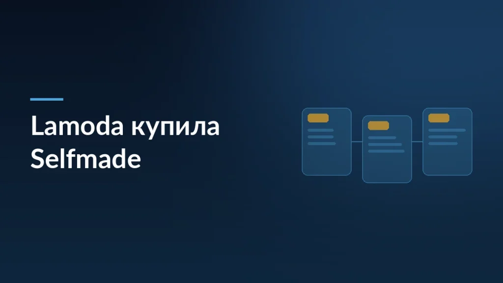 Тёмно-синяя обложка статьи о покупке бренда Selfmade площадкой Lamoda с мотивом карточек