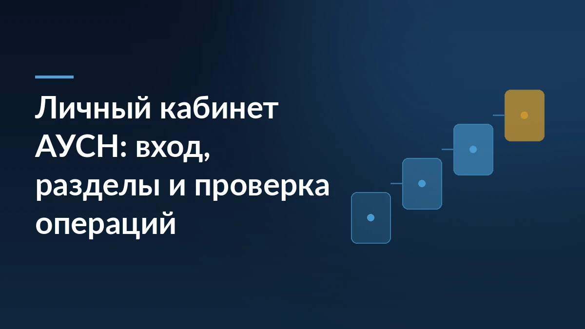 Тёмно-синяя обложка со ступенями процесса и заголовком «Личный кабинет АУСН: вход, разделы и проверка операций»