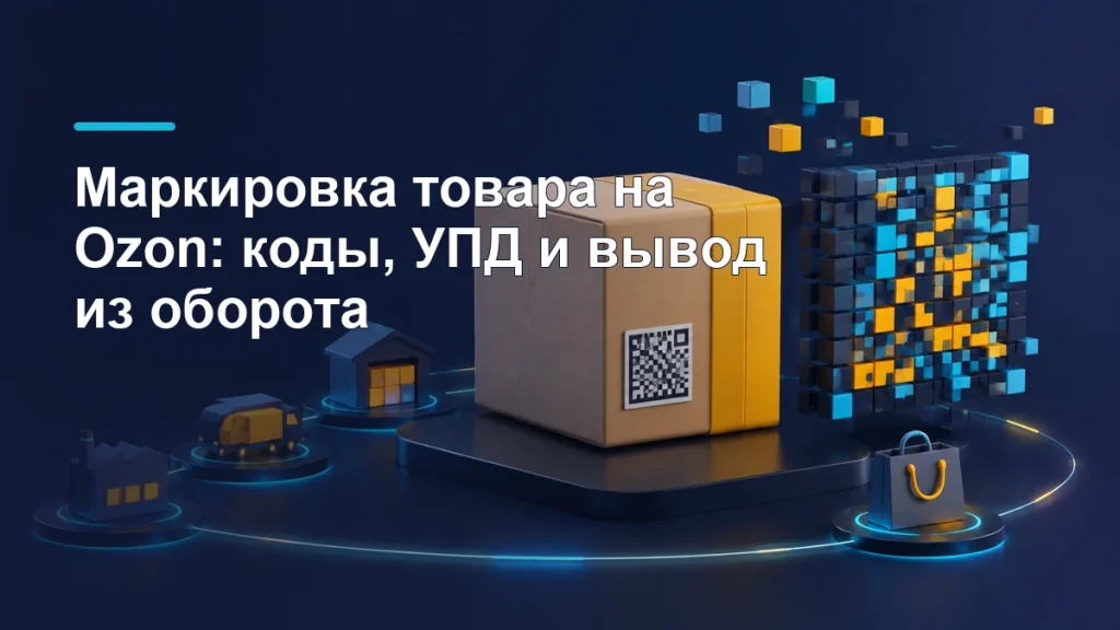 Коробка с условным кодом маркировки и цепочка движения товара от производства до покупателя
